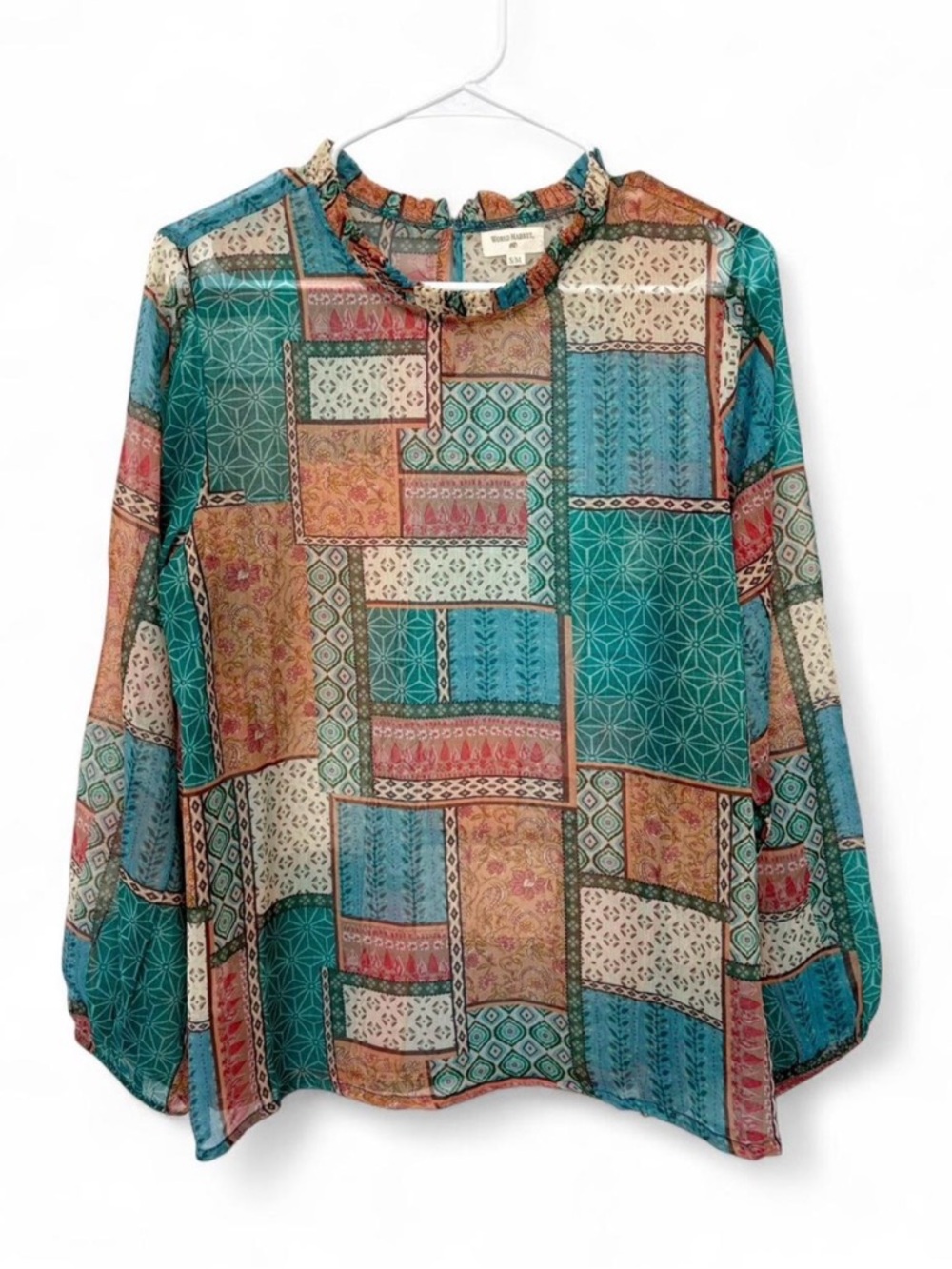 WorldMarket Patchwork Mixed Print Top Sheer Small Medium Boho Romantic Whimsical